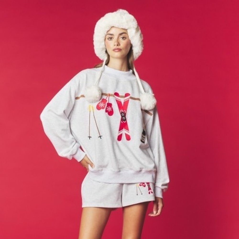 310.New Rareraw Women Ski Graphic Sweatshirt & Shorts Set Light Heather Gray